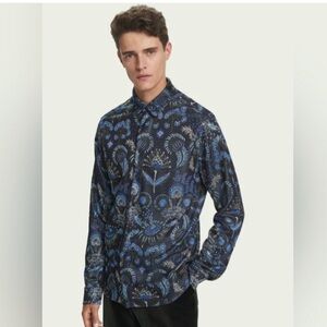 Scotch & Soda Men's Regular Fit Jacquard Pattern Black/Blue Shirt || Size L